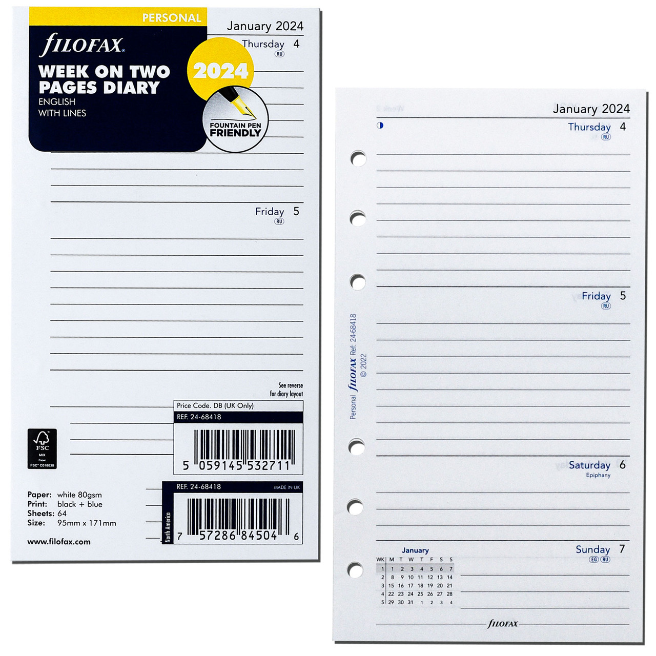 2024 Filofax Personal Size Refill 24-68418, Week on Two Pages, 95mm x 171mm