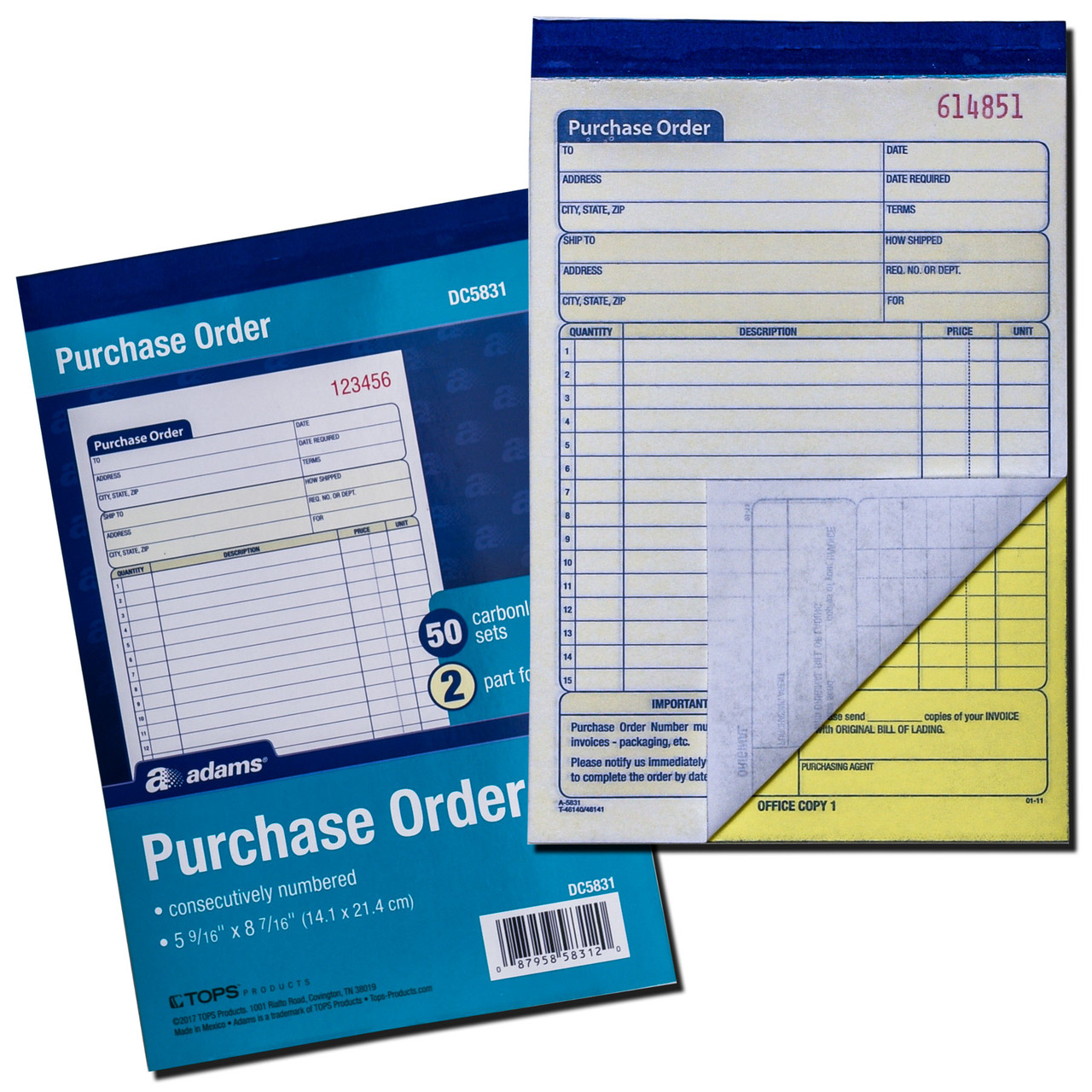 Adams DC5831 Purchase Order Book, 2-Part, 50 Sets, Numbered, 5-9