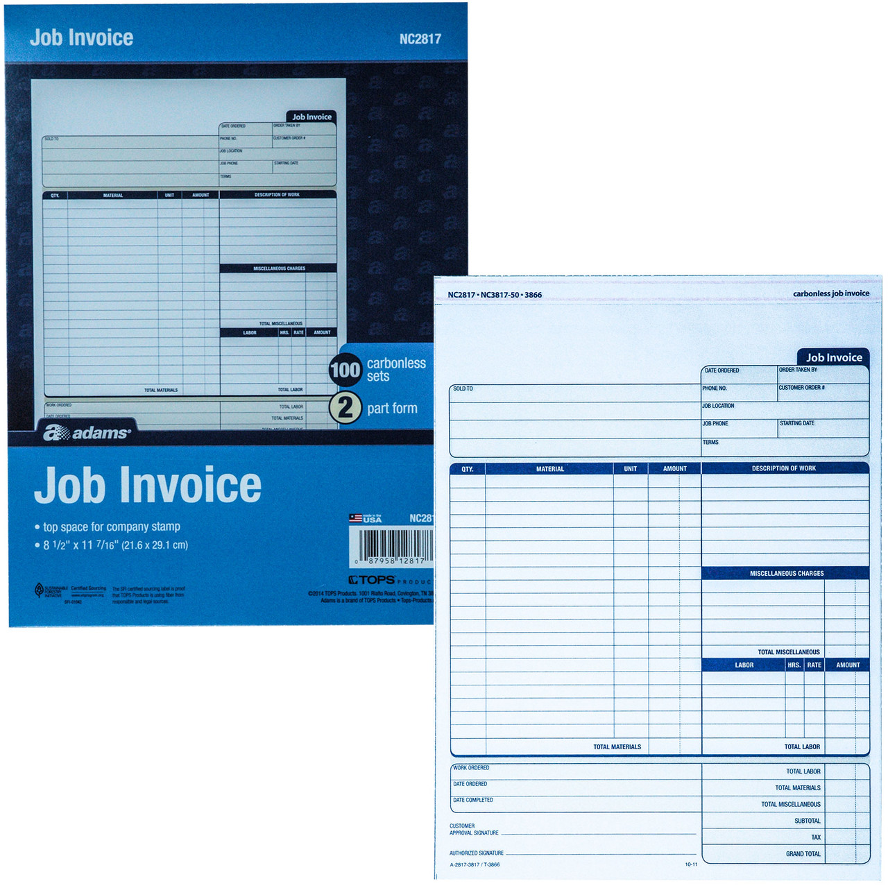 Adams NC2817 Carbonless Job Invoice, 2 Part, 8-1/2 x 11-7/16", Pack of ...
