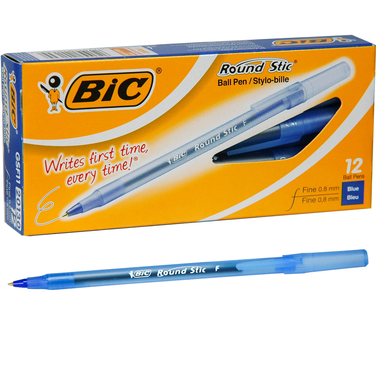 BIC GSF11 20130 Blue Round Stic Ball Pen, 0.8 mm Fine Point, Box