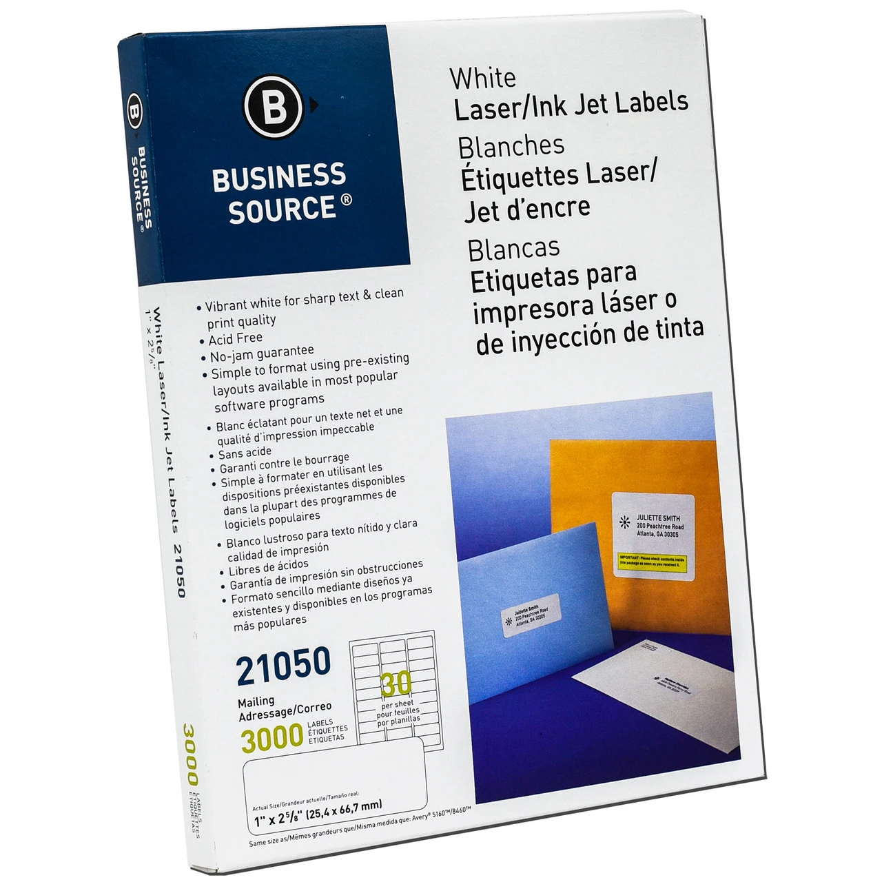 Business Source 21050 White Laser/Ink Jet Labels, 1 x 2-5/8