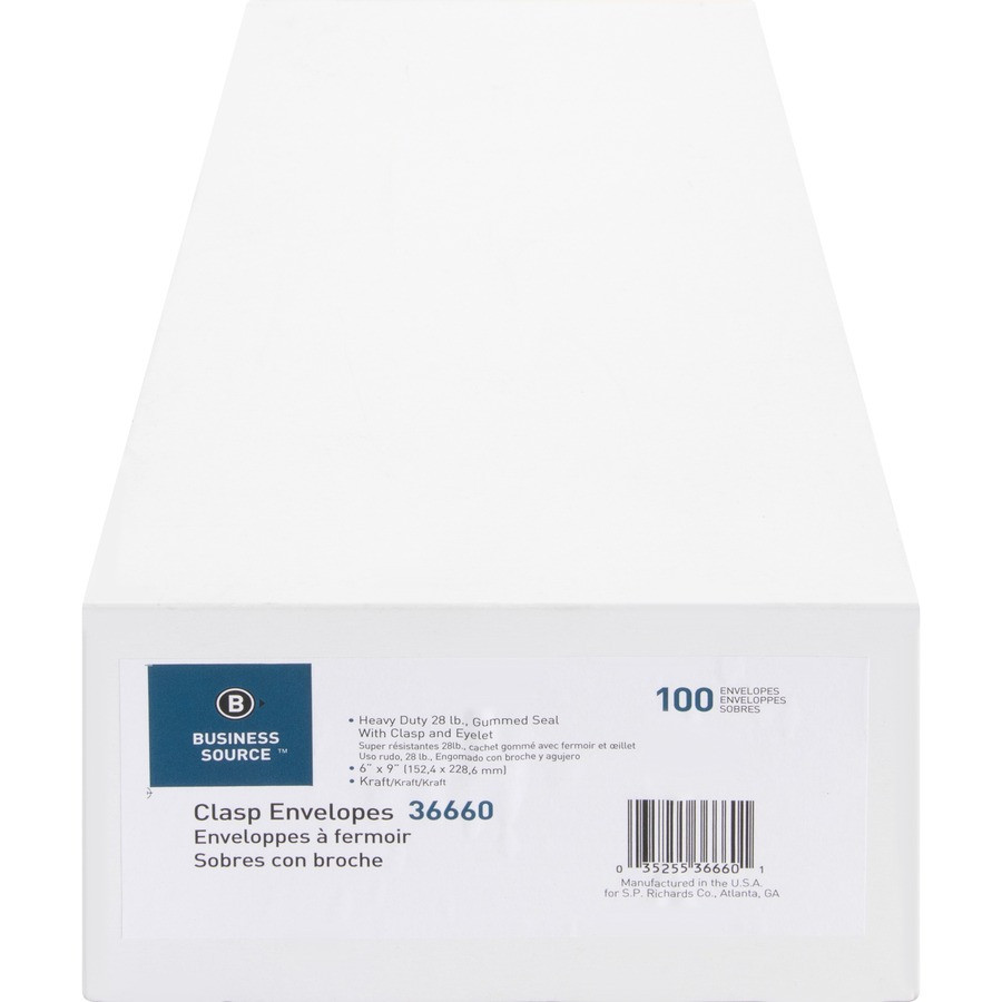 Business Source 36660 Kraft Clasp Envelopes, 6 x 9", 28 Lb., Box of 100