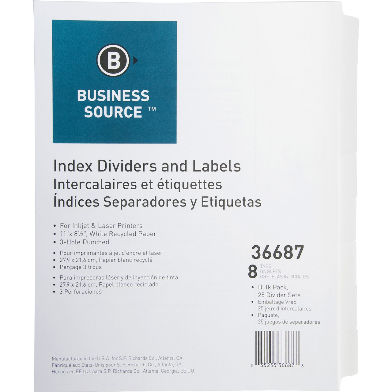 Business Source 36687 Index Dividers & Labels, 8 Tabs, 11 x 8-1/2