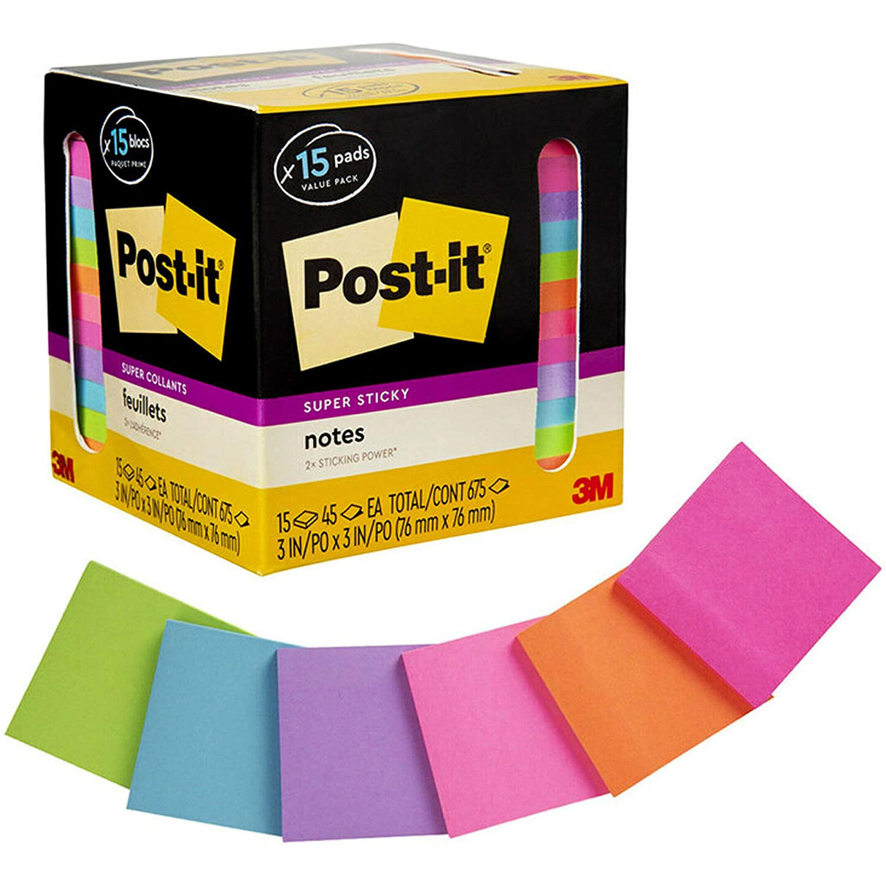 Post-it Super Sticky Notes 654-15SSCP, Assorted Bright Colors, 3 x