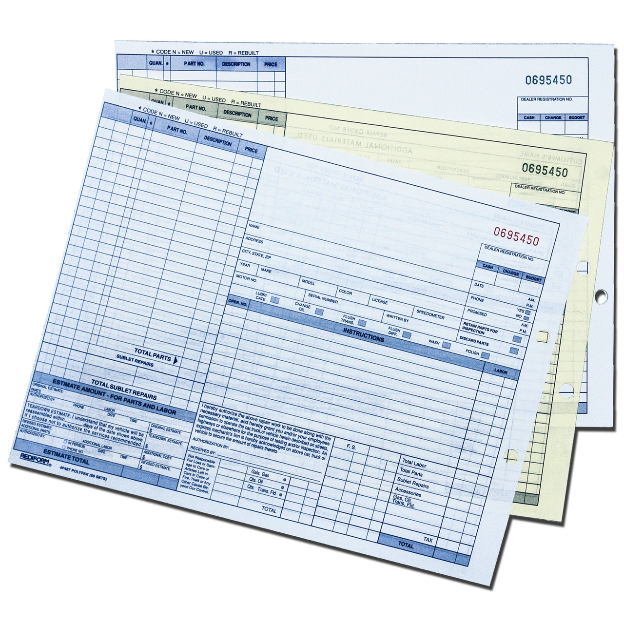 Rediform 4P487 Auto Repair Order Form, 3-Part Carbonless, 8-1/2 x 11 ...