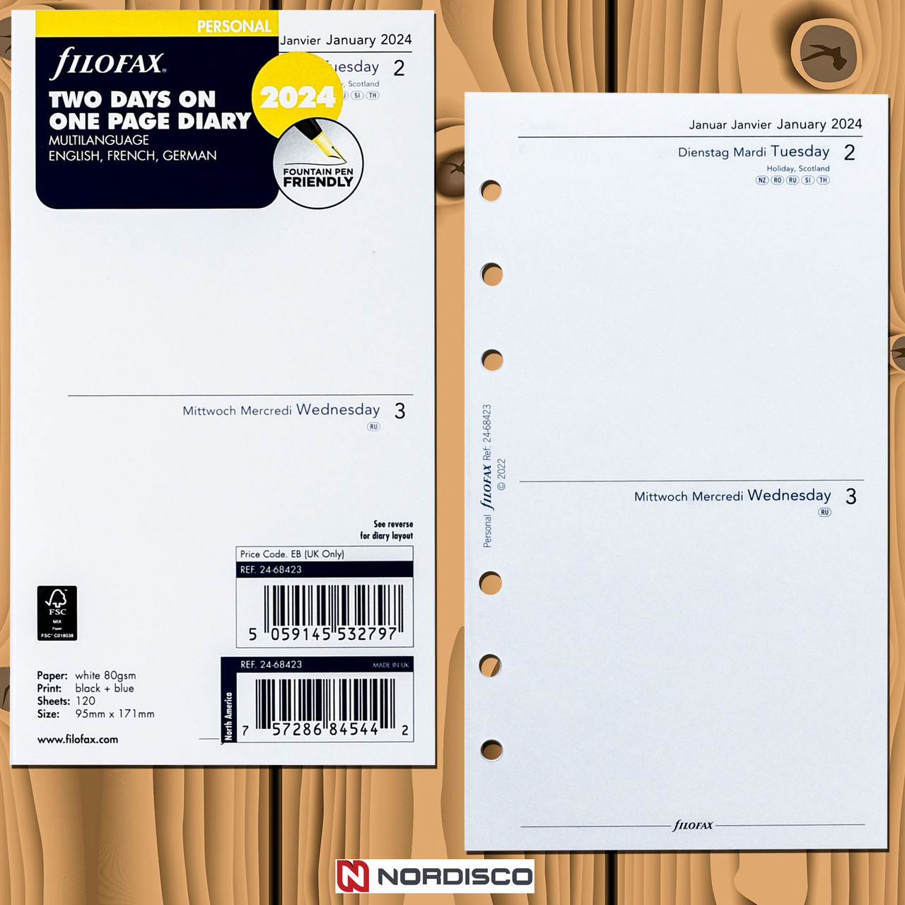 2024 Filofax Personal Size refill 24-68423, Two Days on One Page, 95mm x  171mm