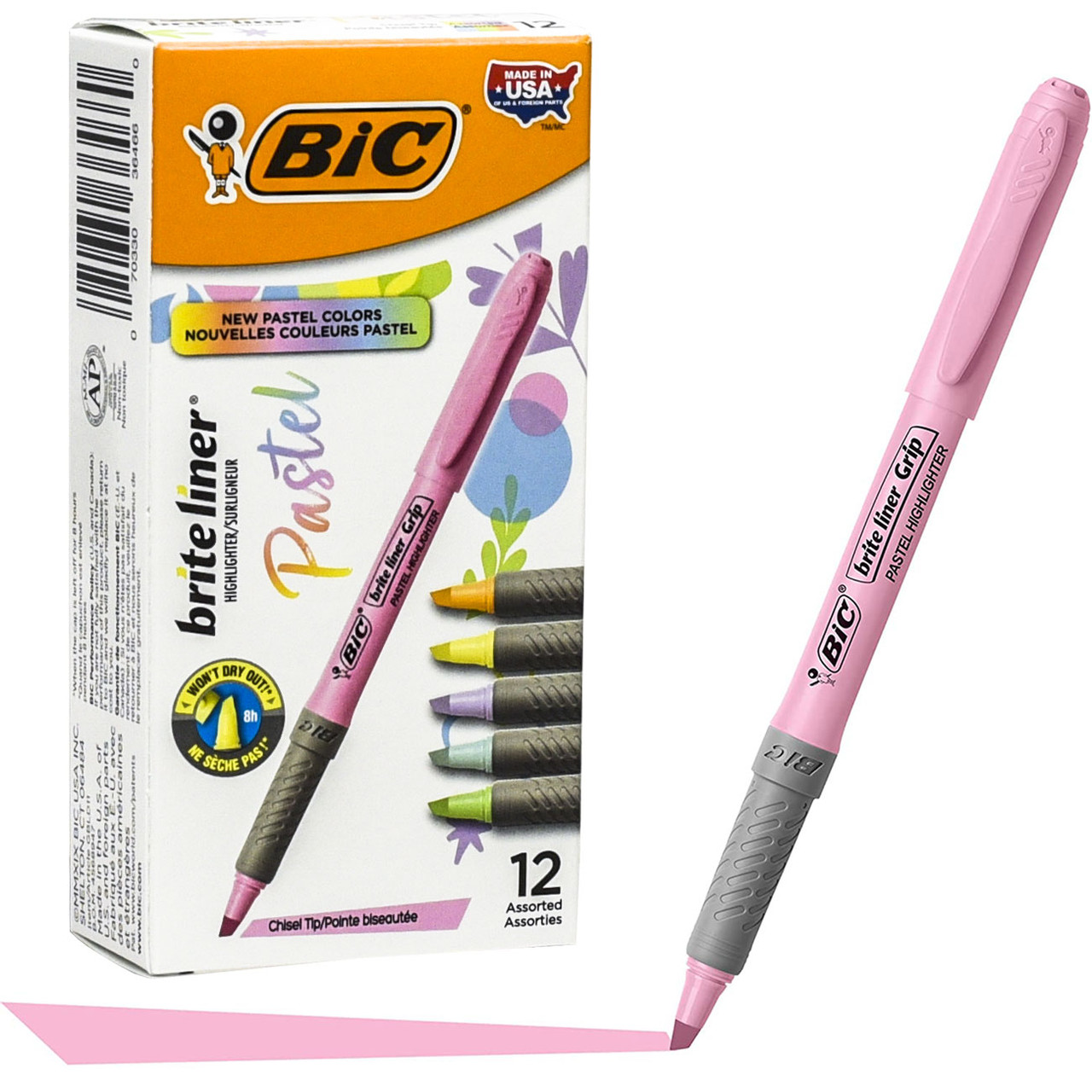 Bic Highlighter Grip Pastel Pens - Assorted Pastel Highlighters - Pack of 4