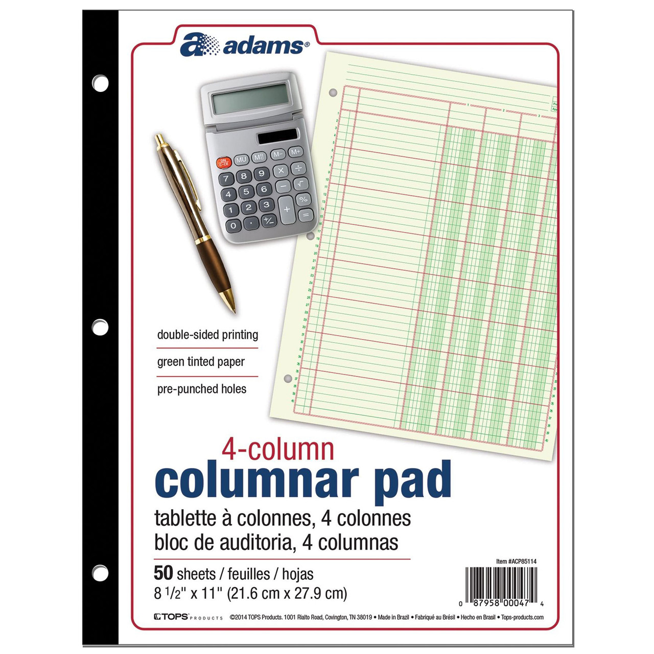 Adams ACP85114 Columnar Pad, 4Column, Green Tint, 81/2 x 11