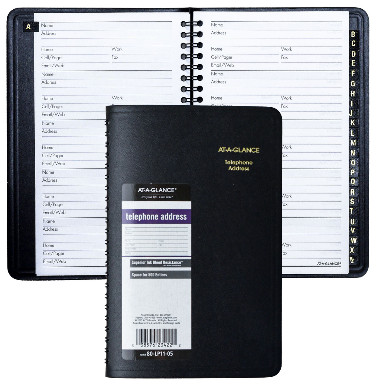 AT-A-GLANCE® Undated Telephone Address Book, 800+ Entries, Black