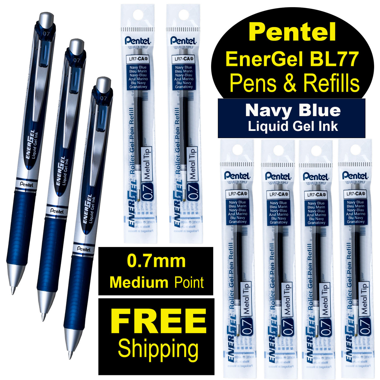 Pentel EnerGel RTX BL77-CA 0.7mm Navy Blue Gel Ink Rollerball Pens
