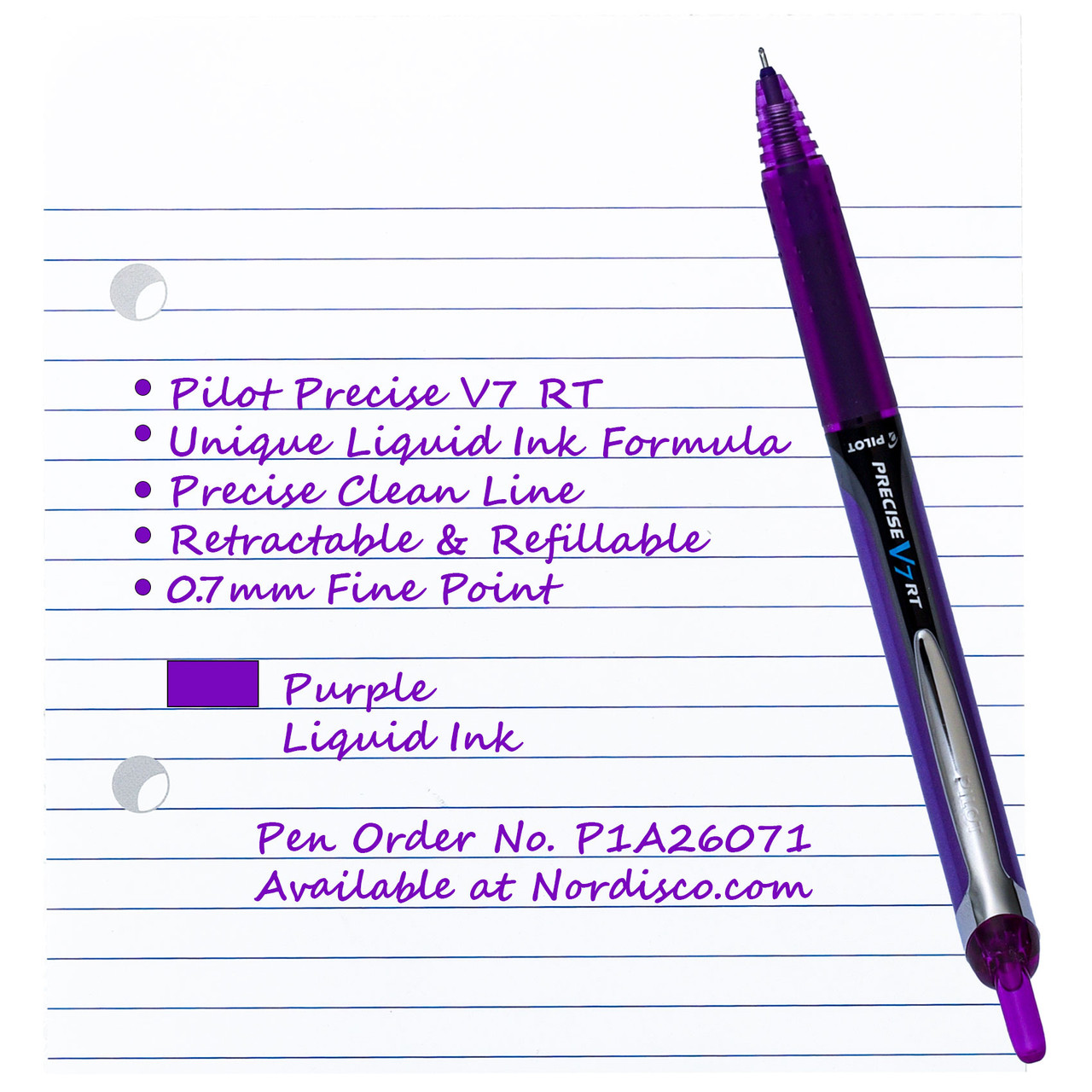 Pilot Precise V7 RT Rolling Ball Pen 26071, Purple Ink, 0.7mm Fine