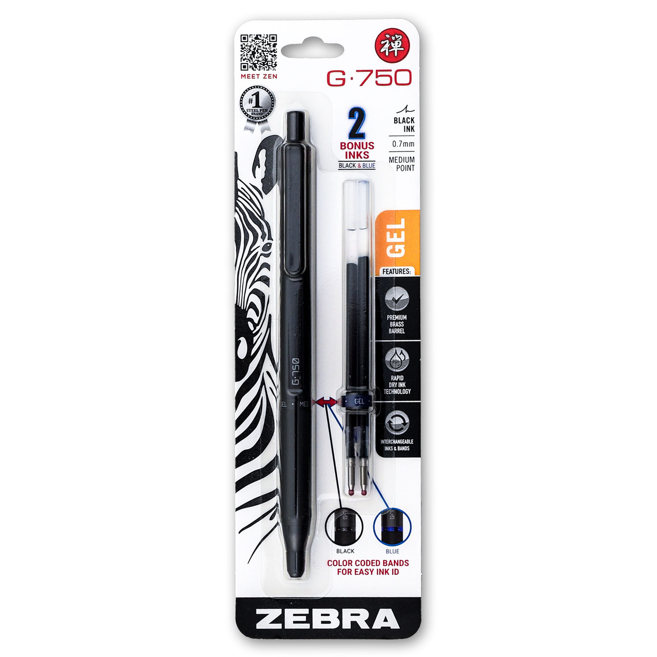 Zebra G750 Gel Retractable Pen 49811, Black Barrel Black Ink