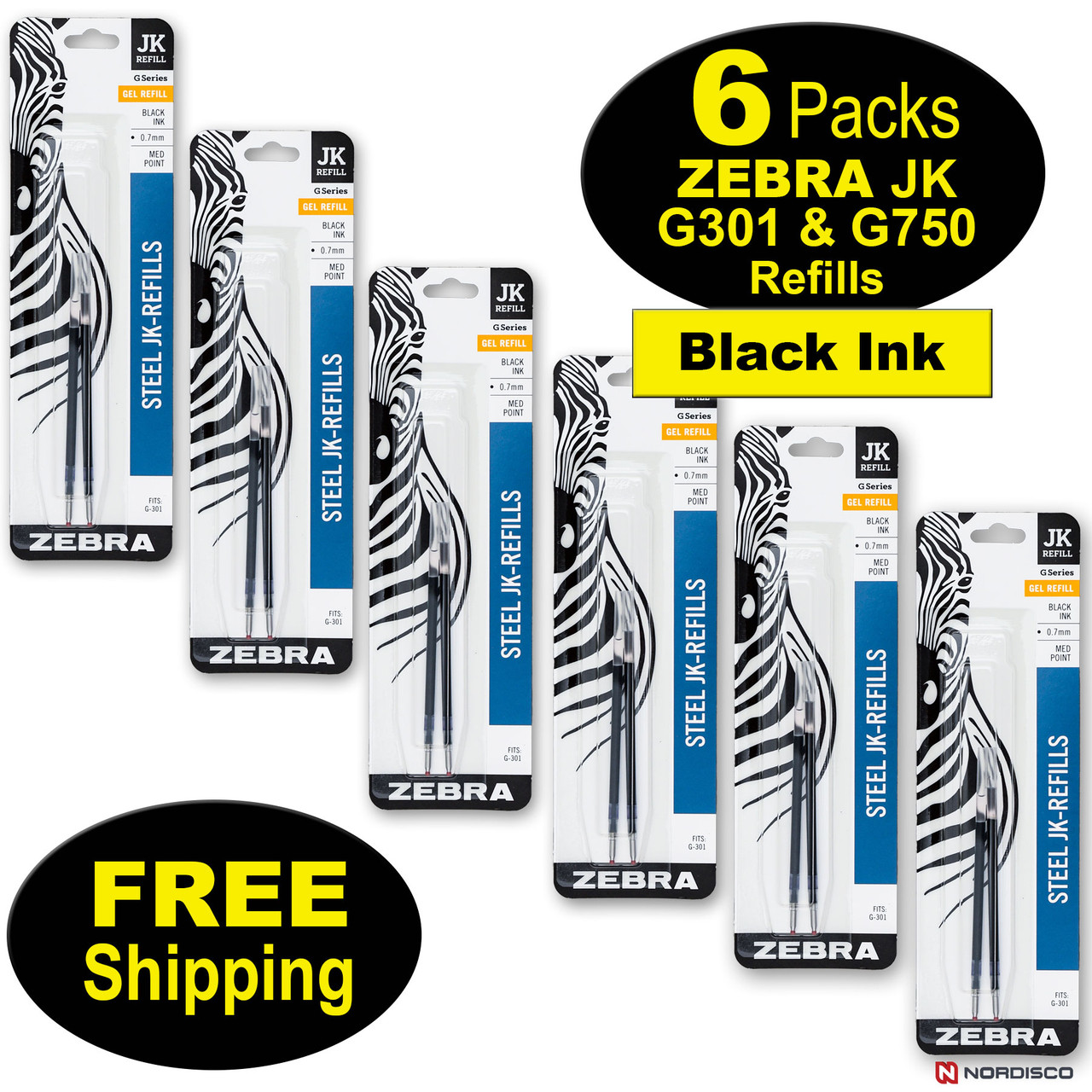 ZEBRA G301, G750 JK Refills 88112, Black Gel Ink, 6 Packs, FREE