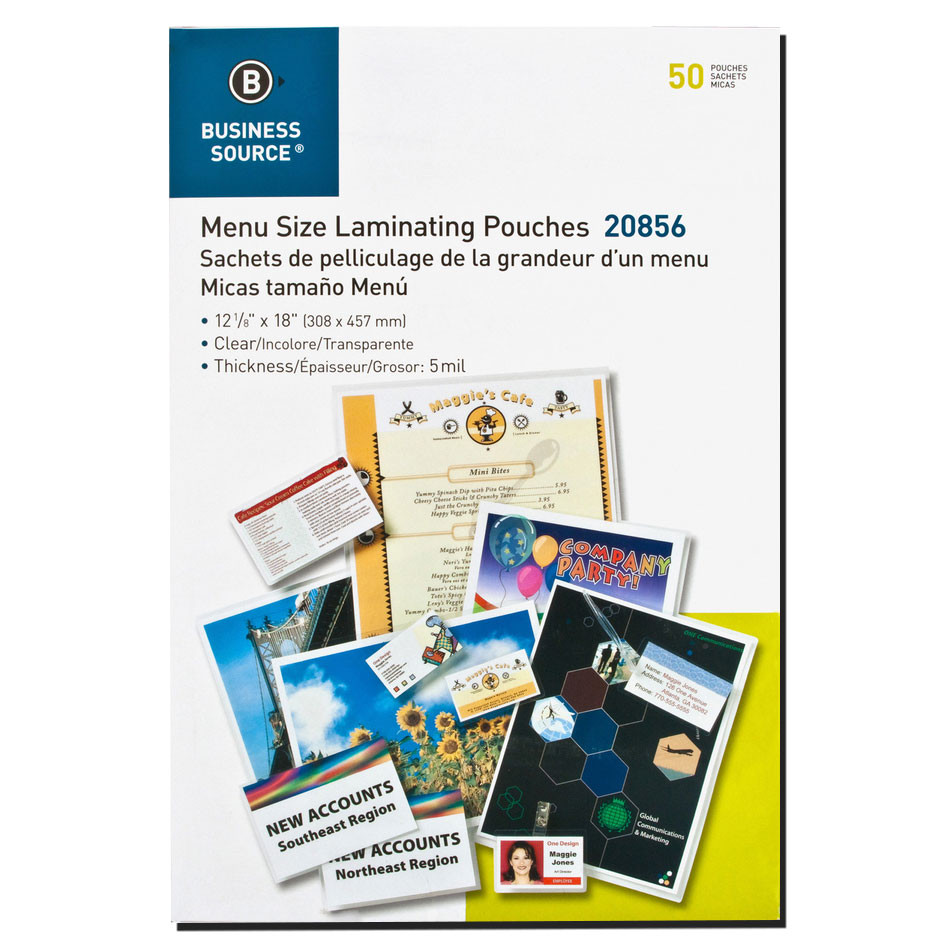 Business Source 20856 Menu Size Laminating Pouches, 121/8 x 18", 5 Mil