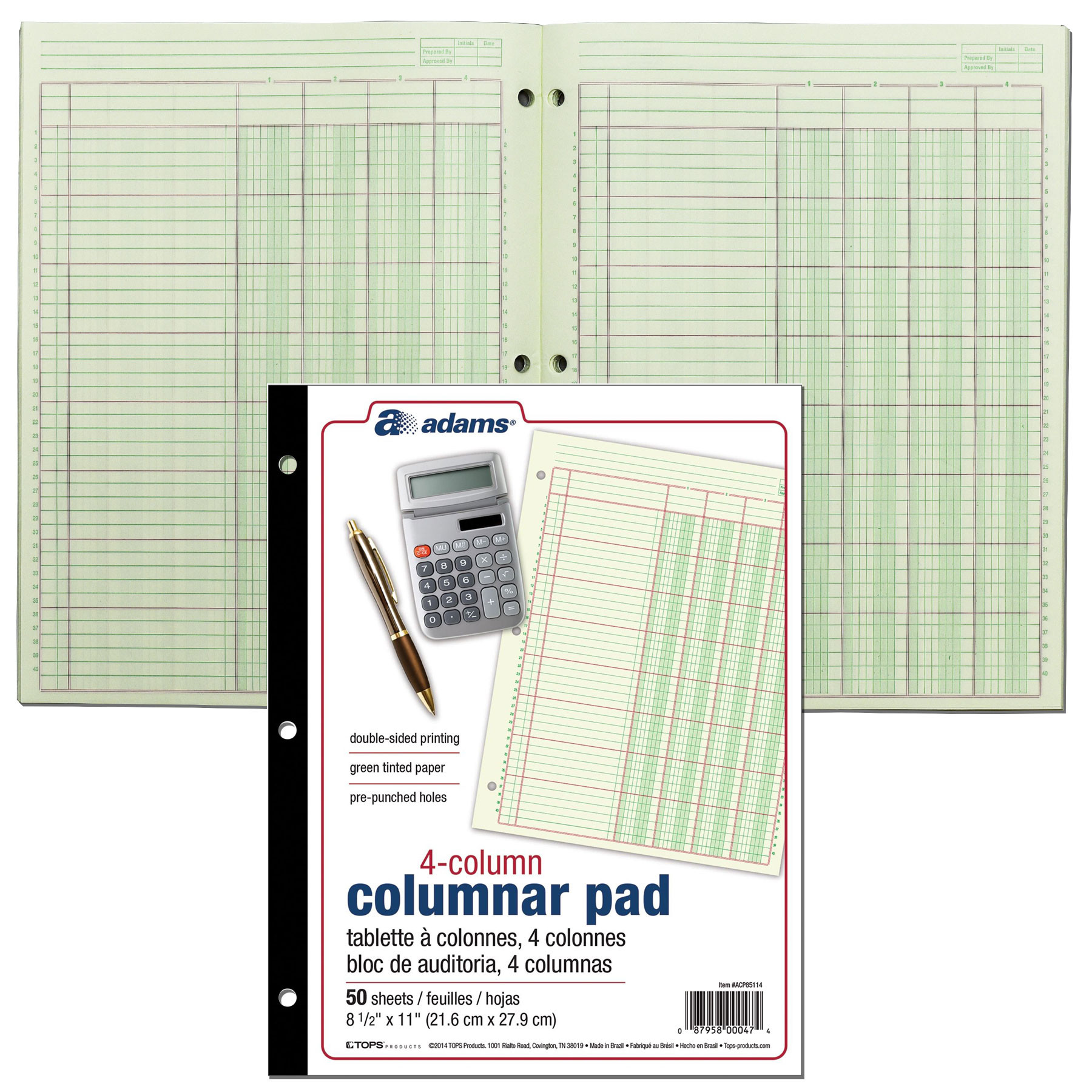 Adams ACP85114 Columnar Pad, 4Column, Green Tint, 81/2 x 11