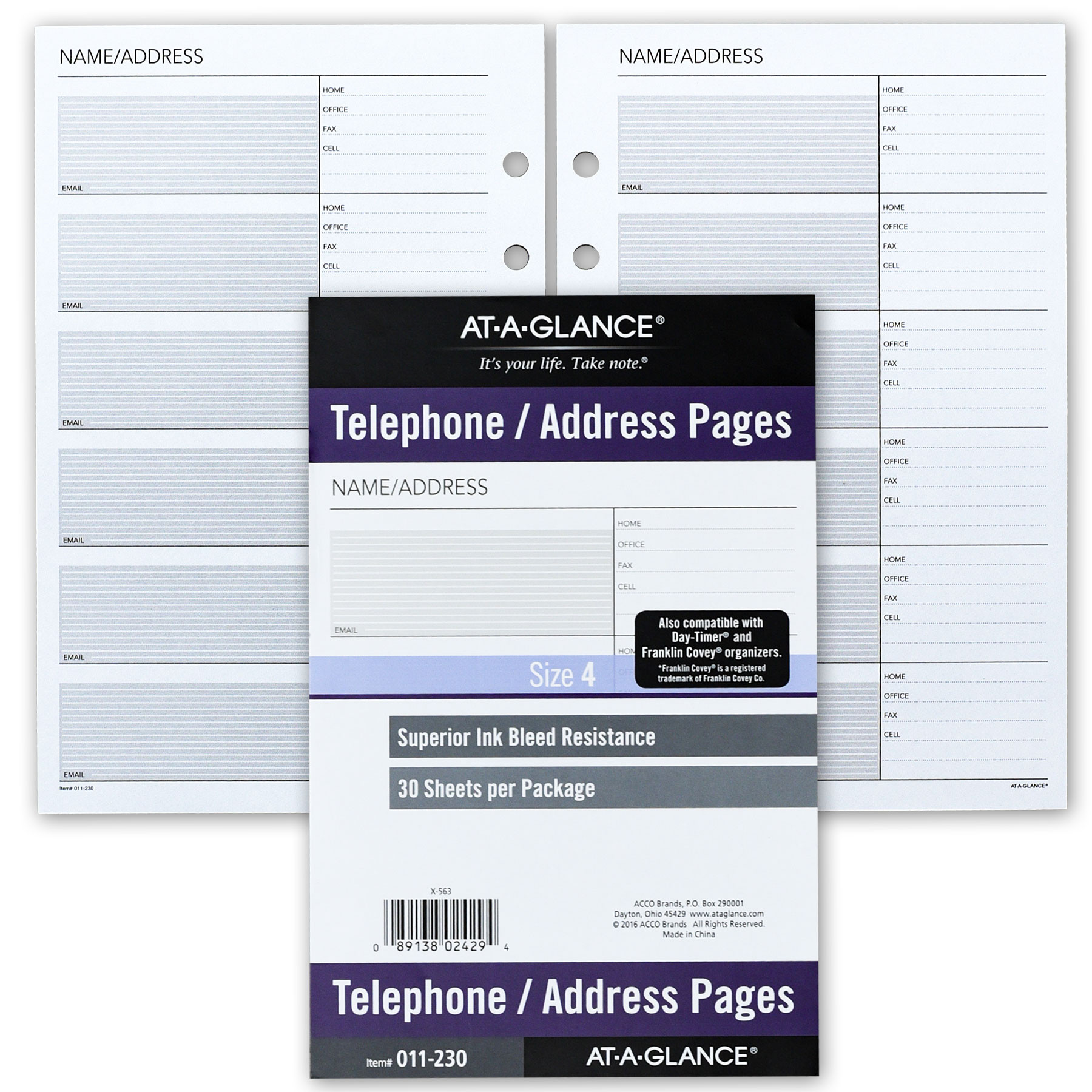 At a glance 011 230 telephone address refill pages for size 4 planners