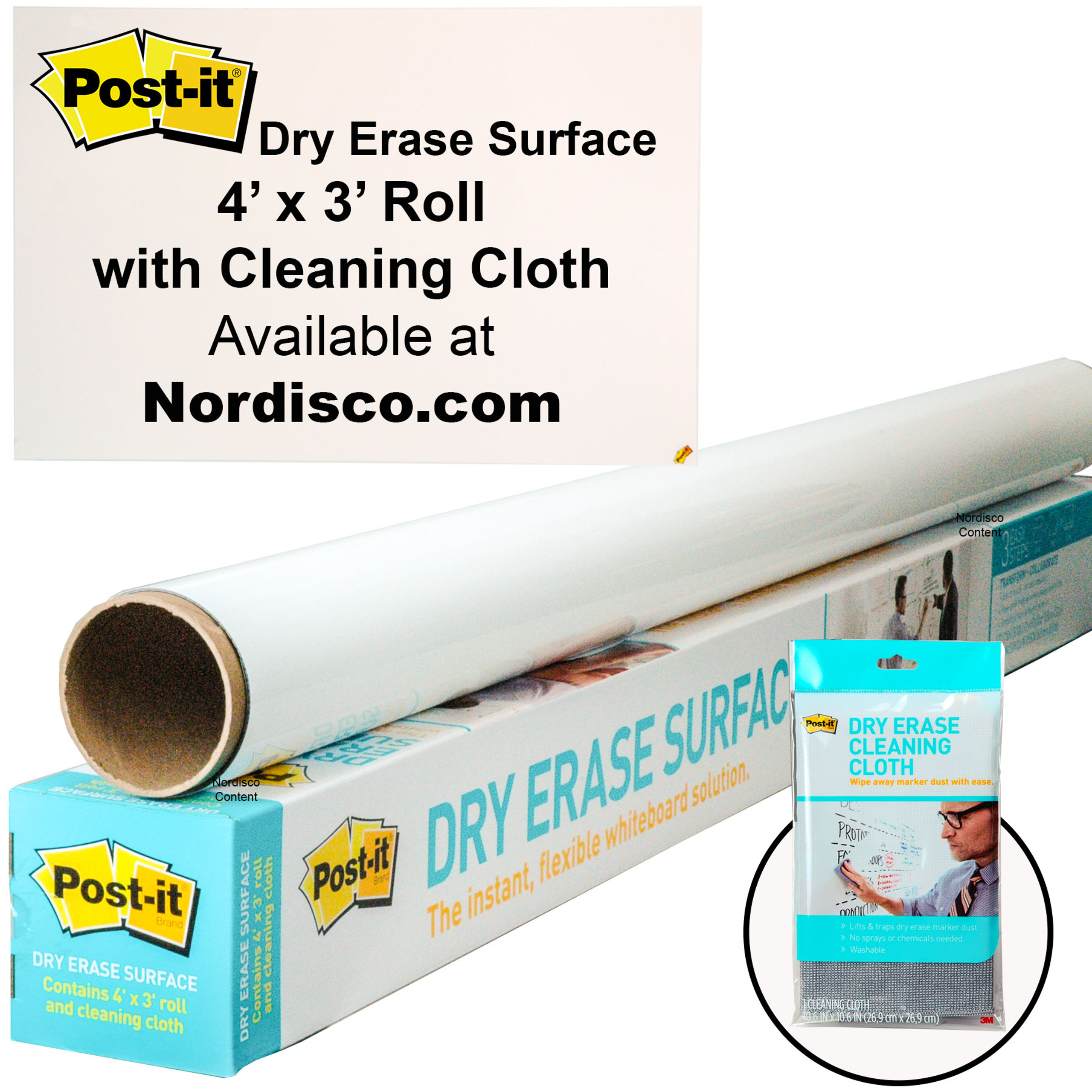 Postit Dry Erase Surface DEF4X3, 4 x 3' Roll with Cleaning Cloth