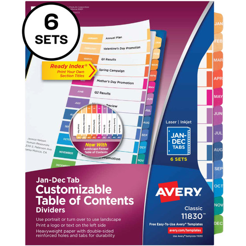 Avery 11830 Ready Index 12 Tab Dividers, Customizable TOC, 6 Sets