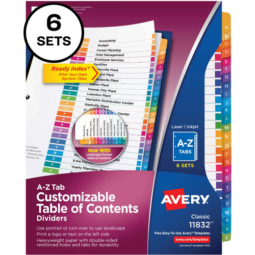 Avery 11832 A-Z Customizable Multicolor TOC Dividers
