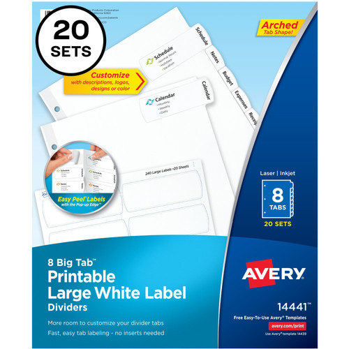 Avery 14441 Big Tab Printable Large White Dividers with Easy Peel, 8 Tabs