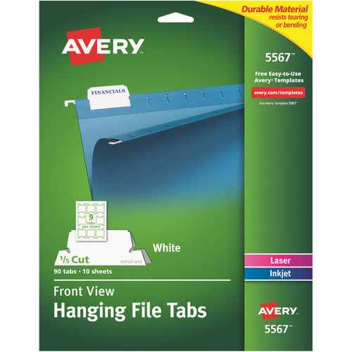 Avery 5567 Front View Hanging File Tabs, 1/5 Cut, Pack of 90 Tabs