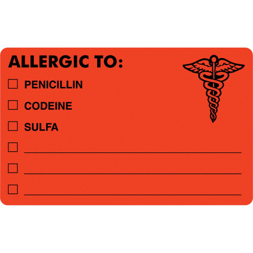 Tabbies 00488 ALLERGIC TO Medical Allergy Label