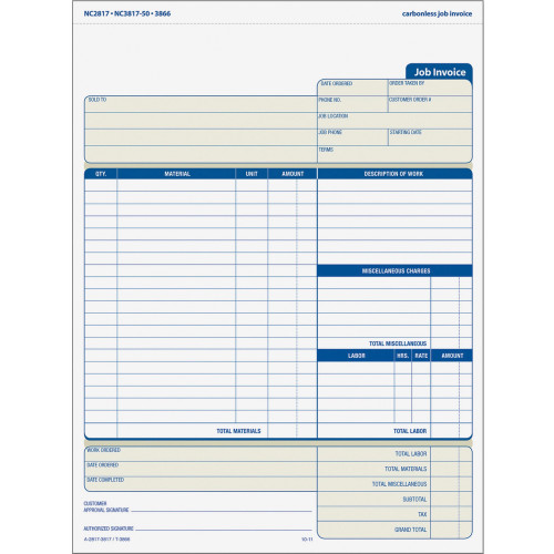 TOPS 3866 Three-part Carbonless Job Invoice Forms