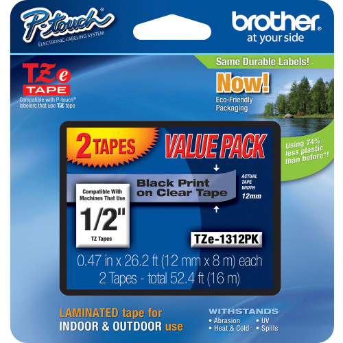 Brother TZE1312PK 1/2" Black/Clear Laminated TZe Tape Value Pack