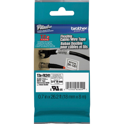 Brother TZE-FX241 3/4" Black on White Flexible ID Tape