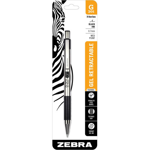 Zebra Pen, Durable Stainless Steel, 3 Series, Gel Retractable, Black Ink - 2 pen