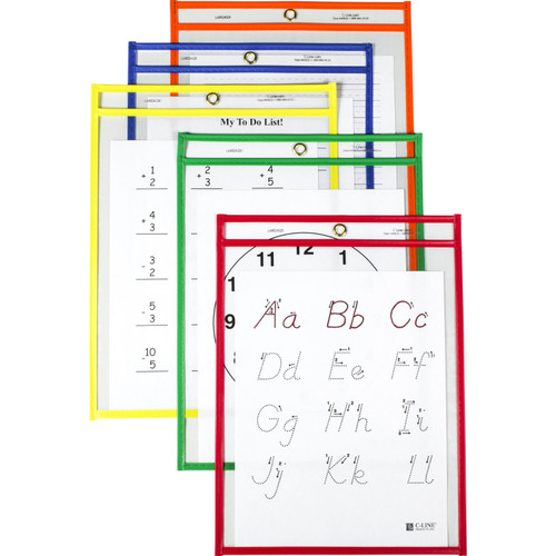 C-Line 40620 Reusable Dry Erase Pockets-  Assorted Primary Colors - 9" x 12"