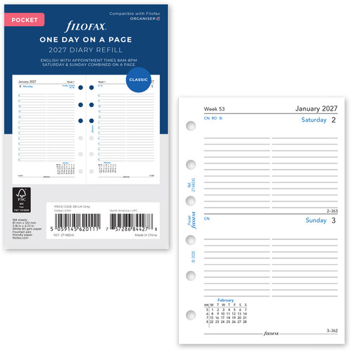 2027 Filofax Pocket Size Refill 27-68210 Month on Two Pages