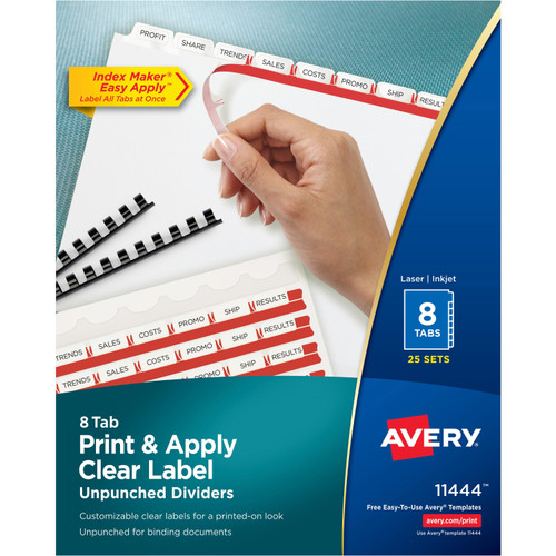Avery 11444 Clear Label Index Maker, Unpunched Dividers, White 8-Tab, Box of 25 Sets