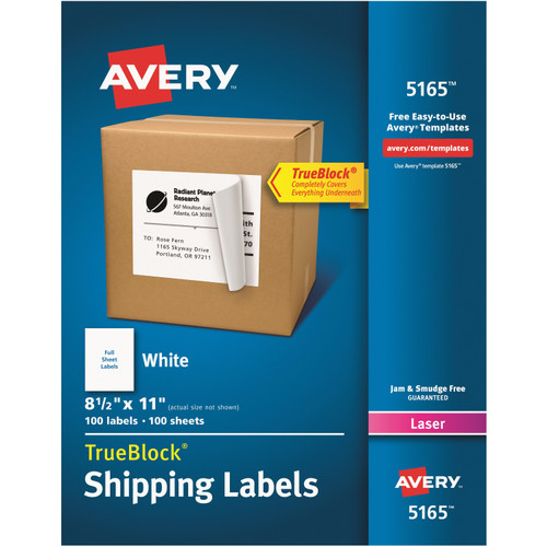 Avery 5165 TrueBlock Shipping Labels, 8-1/2 x 11", Laser, Box of 100