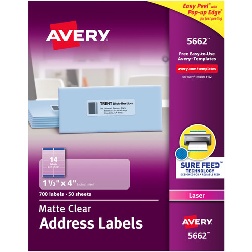 Avery 5662 Matte Clear Shipping Labels, 1-1/3 x 4", Laser, Box of 700