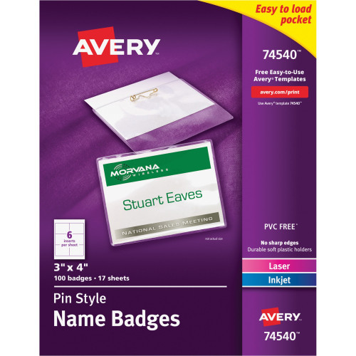 Avery 74540 Pin Style Name Badges, 3 x 4", Box of 100