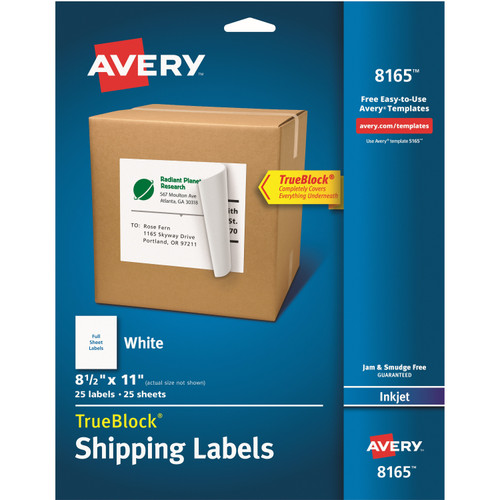 Avery 8165 White Easy Peel Shipping Labels, 8-1/2 x 11", InkJet, Pack of 25