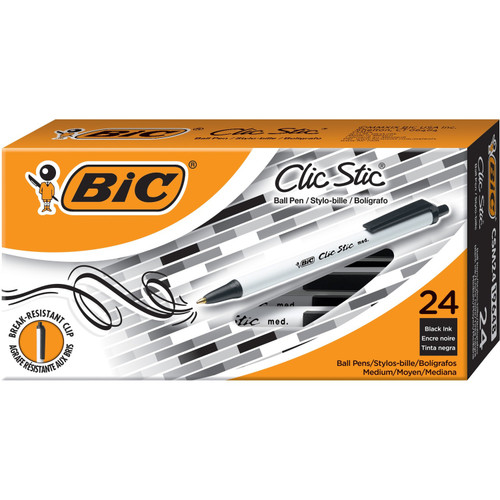 BIC CSM241BLK Clic Stic Fashion Retractable Ball Point Pen, Black, 24 Pack