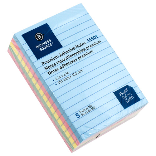 business-source-16501-adhesive-notes-4-x-6-ruled-assorted-colors-