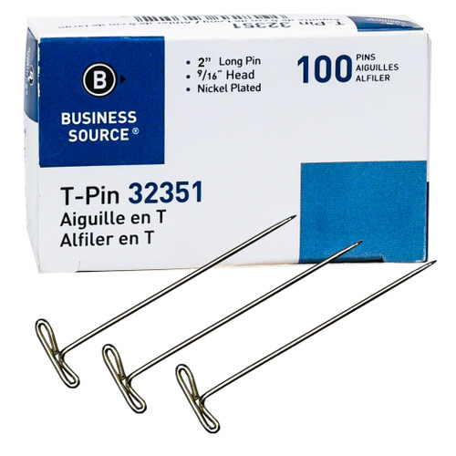 Business Source 32351 T-Pin, 2 Long, Nickle Plated, Box of 100