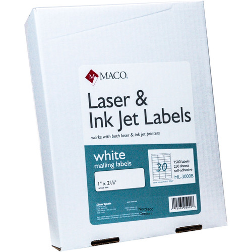 maco-ml-3000b-1x258-white-laser-&-inkjet-mailing-labels-box-of-7500