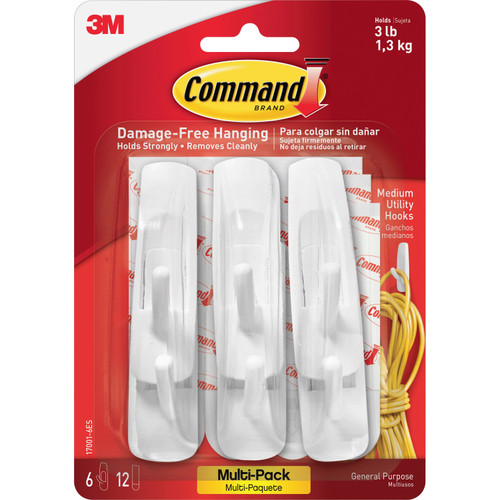 Command 17001-6ES Medium Utility Hooks, White, Pack of 6