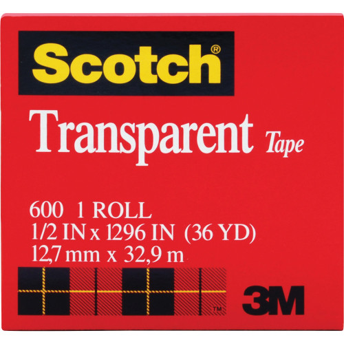 Scotch 600 Transparent Glossy Tape, 1/2 x 1296", 1" Core