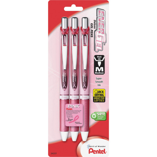 Pentel BL77PBP3ABC EnerGel Pink BCA Ribbon RTX Liquid Gel Pens