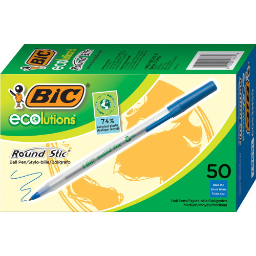 BiC GSME509 18987 Ecolutions Round Stic Blue Ink Ball Pen, Pack of 50 Pens