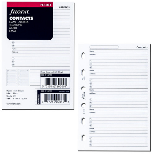 Filofax 210201 Pocket Size Contacts Refill, 81mm x 120mm