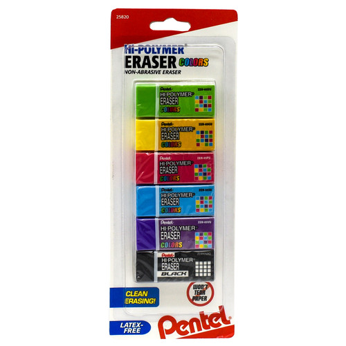 Pentel 25820 Hi-Polymer Eraser Colors, Pack of 6