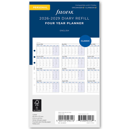Filofax Personal Size 26-68403 Four Year Diary Refill 2026-2029