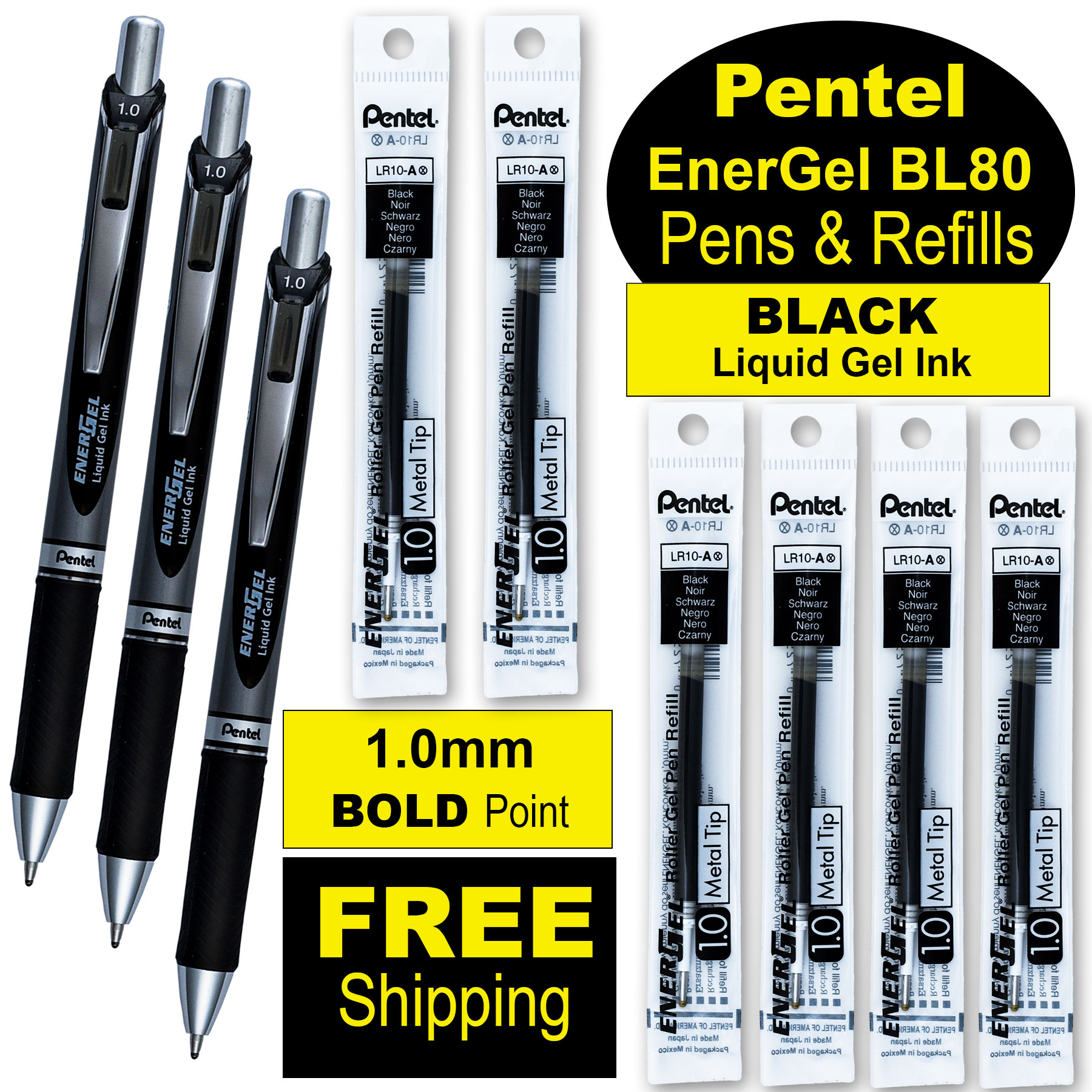 Pentel EnerGel BL80-AX, 1.0mm Bold, Black Gel Ink, 3 Pens with 6