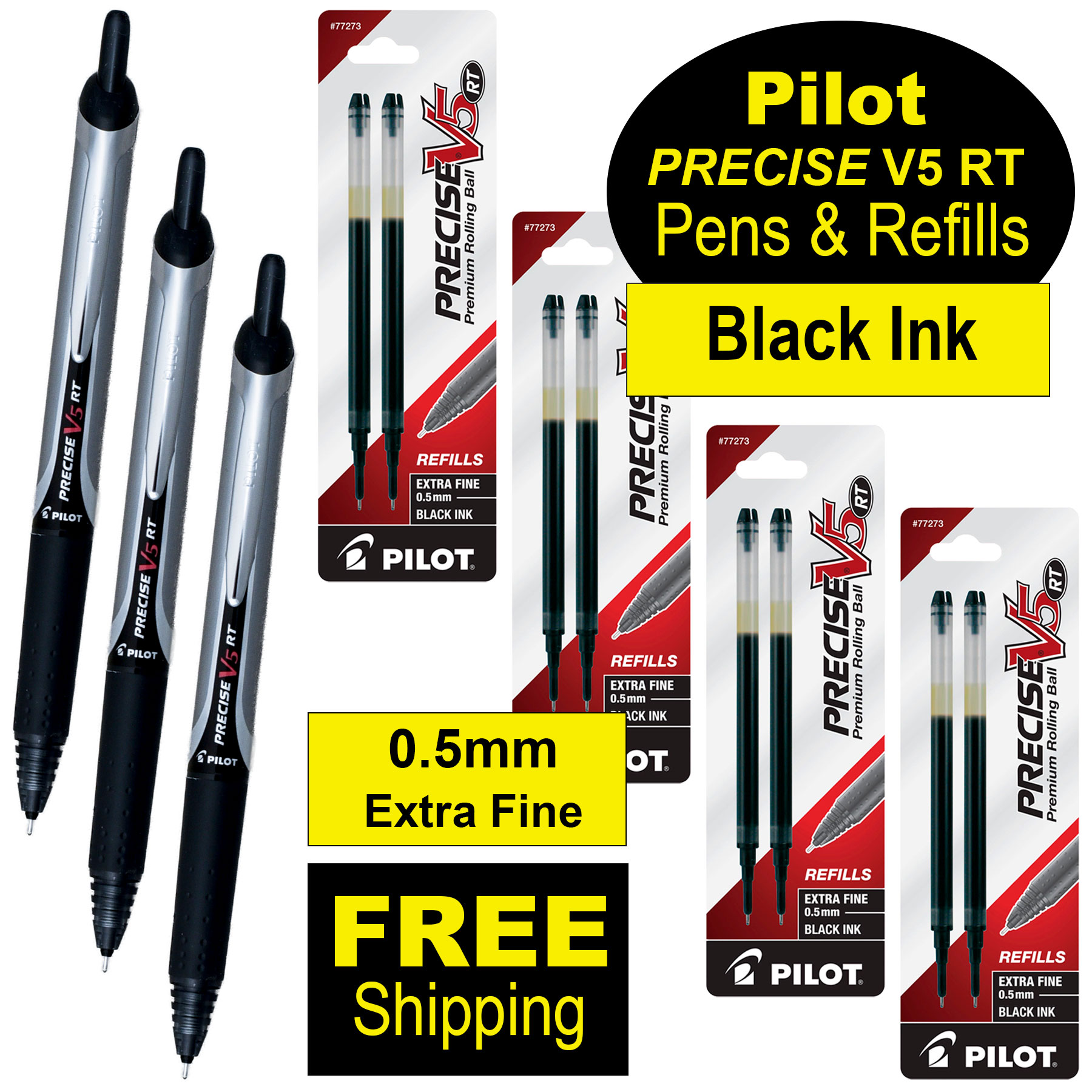 Pilot Precise V5 RT 26062 Pens & Refills, Black Ink, 0.5mm Extra